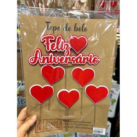 Topo de Bolo Feliz Aniversário Coração