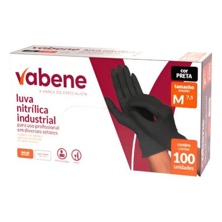 VABENE - Luva Nitrílica Cor Preta Sem Pó Tamanho M