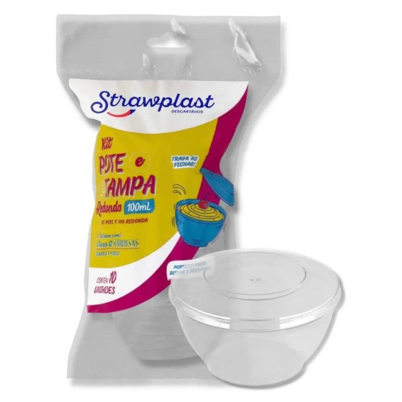Strawplast - Kit Pote e Tampa Redondo 100ml Cristal