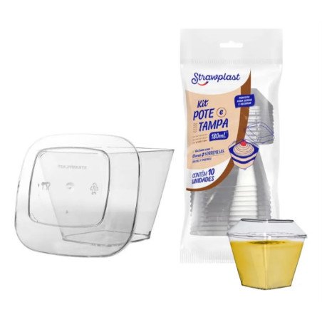 Strawplast - Kit Pote e Tampa Quadrado 180ml Cristal
